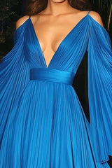 Dreamyannie Flutter Sleeves A Line V Neck Chiffon Pleated Wedding Guest Dress Carpet Dress