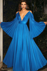 Dreamyannie Flutter Sleeves A Line V Neck Chiffon Pleated Wedding Guest Dress Carpet Dress