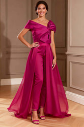 Dreamyannie Fuchsia Asymmetrical Neck Satin Long Mother Of The Bride Jumpsuits With Cape