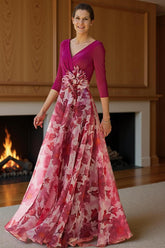 Dreamyannie Fuchsia Floral Chiffon V Neck A Line Floor Length Mother Of The Bride Dress