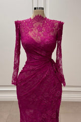 Dreamyannie Fuchsia Mermaid Prom Dress High Neck Sleeves Lace Floor Length Simple Formal Dress