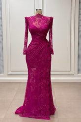 Dreamyannie Fuchsia Mermaid Prom Dress High Neck Sleeves Lace Floor Length Simple Formal Dress