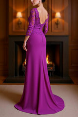 Dreamyannie Fuchsia Mermaid Satin Floor Length Mother Of The Bride Dress With Lace