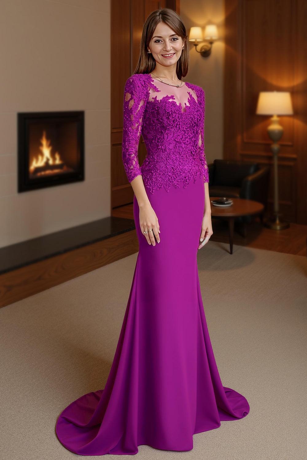 Dreamyannie Fuchsia Mermaid Satin Floor Length Mother Of The Bride Dress With Lace