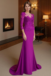 Dreamyannie Fuchsia Mermaid Satin Floor Length Mother Of The Bride Dress With Lace