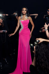 Dreamyannie Fuchsia Mermaid Strapless Sleeveless Sequined Formal Dress