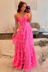 Dreamyannie Fuchsia Prom Dress A-Line Sweetheart Tiered Evening Dress With Slit