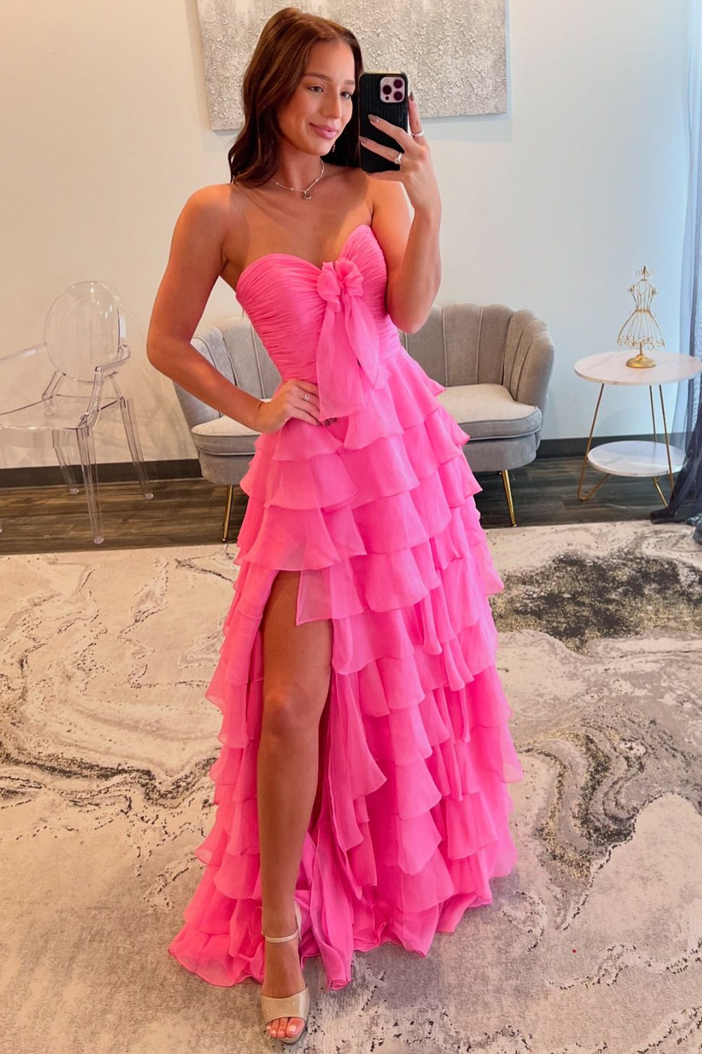 Dreamyannie Fuchsia Prom Dress A-Line Sweetheart Tiered Evening Dress With Slit