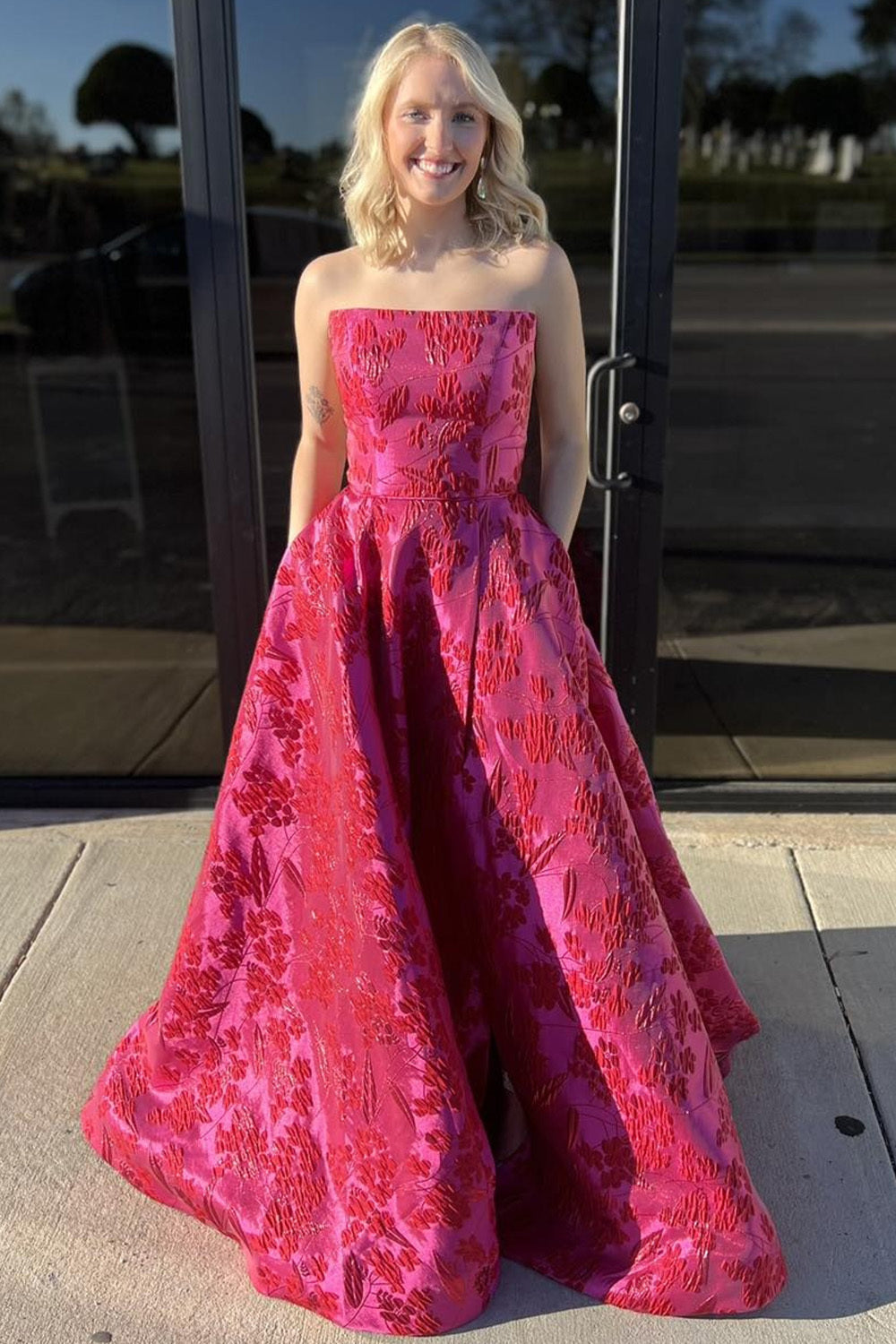 Dreamyannie Fuchsia Prom Dress Floral Embroidered A-Line Long Evening Dress