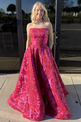 Dreamyannie Fuchsia Prom Dress Floral Embroidered A-Line Long Evening Dress