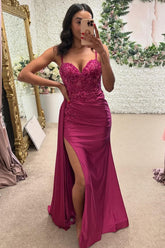 Dreamyannie Fuchsia Prom Dress Floral Mermaid Ruche Spaghetti Straps Long Evening Dress With Slit