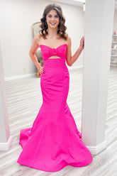 Dreamyannie Fuchsia Prom Dress Floral Mermaid Strapless Long Evening Dress