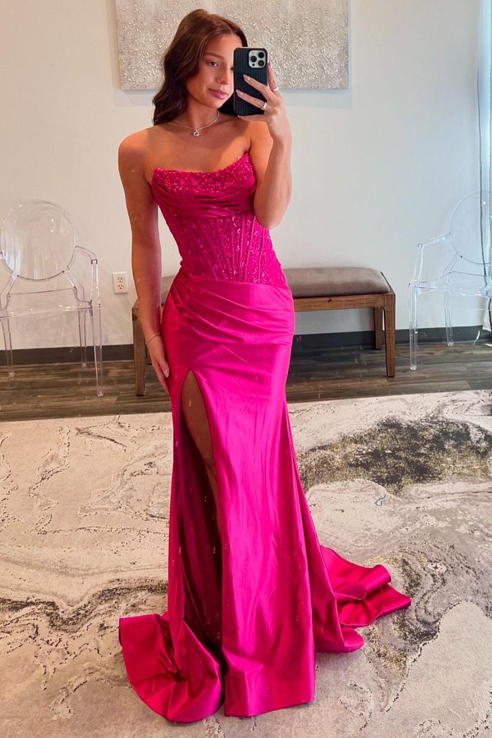 Dreamyannie Fuchsia Prom Dress Mermaid Appliques Ruche Long Evening Dress With Slit