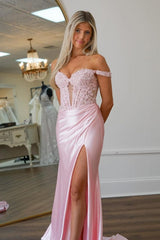 Dreamyannie Fuchsia Prom Dress Mermaid Off The Shoulder Corset Formal Dress With Appliques
