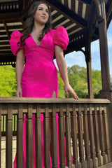 Dreamyannie Fuchsia Prom Dress Mermaid Puff Sleeves Long Evening Dress With Slit