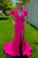 Dreamyannie Fuchsia Prom Dress Mermaid Puff Sleeves Long Evening Dress With Slit