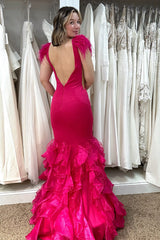 Dreamyannie Fuchsia Prom Dress Mermaid Ruffled Long Evening Dress With Feathers
