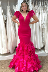 Dreamyannie Fuchsia Prom Dress Mermaid Ruffled Long Evening Dress With Feathers