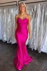Dreamyannie Fuchsia Prom Dress Mermaid Strapless Satin Long Evening Dress