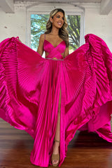 Dreamyannie Fuchsia Prom Dress Metallic Pleated Evening Dress With Slit
