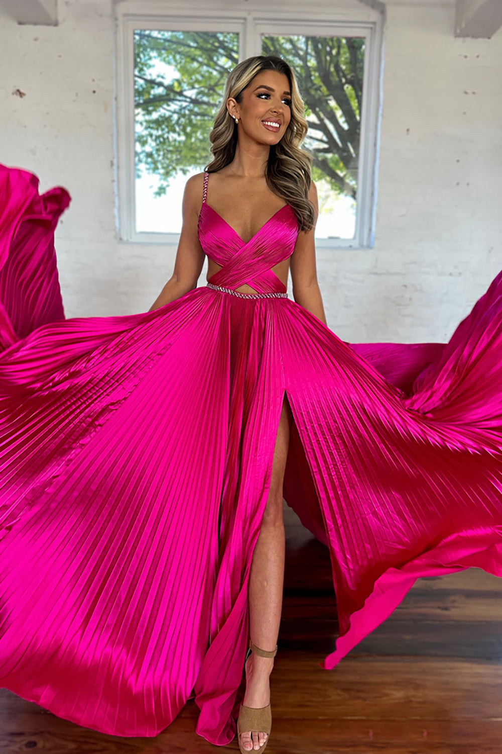 Dreamyannie Fuchsia Prom Dress Metallic Pleated Evening Dress With Slit