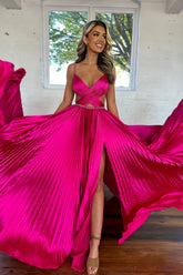 Dreamyannie Fuchsia Prom Dress Metallic Pleated Evening Dress With Slit