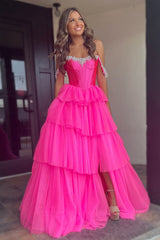 Dreamyannie Fuchsia Prom Dress Off The Shoulder A-Line Tiered Long Evening Dress With Slit