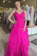 Dreamyannie Fuchsia Prom Dress Ruffled Spaghetti Straps Tulle A Line Long Evening Dress