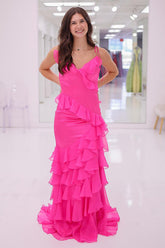 Dreamyannie Fuchsia Prom Dress Ruffled V-Neck Chiffon Mermaid Evening Dress