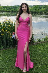 Dreamyannie Fuchsia Prom Dress Spaghetti Straps Mermaid Satin Long Evening Dress With Slit