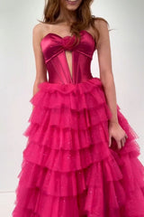Dreamyannie Fuchsia Prom Dress Strapless Ruffled Corset Tulle Long Evening Dress