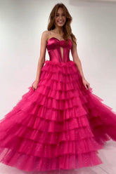 Dreamyannie Fuchsia Prom Dress Strapless Ruffled Corset Tulle Long Evening Dress