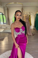Dreamyannie Fuchsia Prom Dress Sweetheart A Line Beaded Sleeveless Satin Panel Train Formal Dress With High Slit