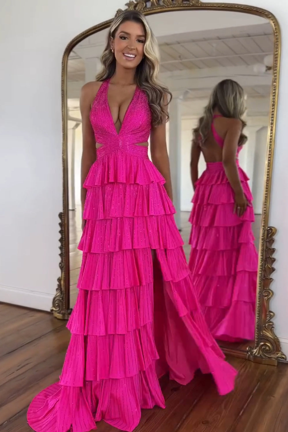 Dreamyannie Fuchsia Prom Dress Tiered A-Line Halter Long Evening Dress With Slit