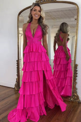 Dreamyannie Fuchsia Prom Dress Tiered A-Line Halter Long Evening Dress With Slit