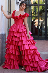 Dreamyannie Fuchsia Prom Dress Tiered A-Line Off The Shoulder Long Evening Dress With Slit
