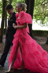 Dreamyannie Fuchsia Prom Dress Two Piece Ruffled Long Evening Dress With Slit