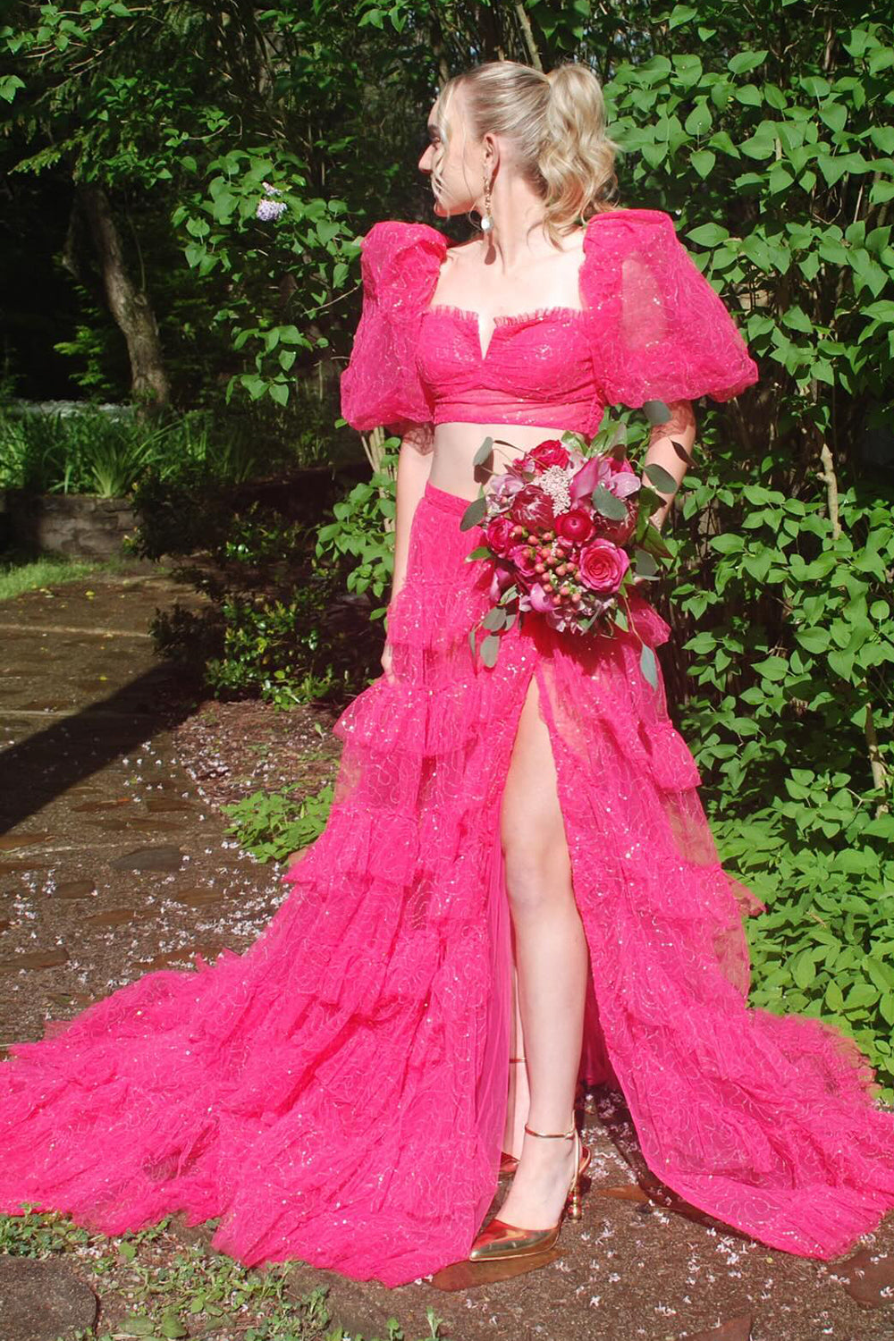 Dreamyannie Fuchsia Prom Dress Two Piece Ruffled Long Evening Dress With Slit