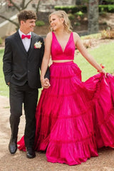 Dreamyannie Fuchsia Prom Dress V-Neck A-Line Long Evening Dress With Bow