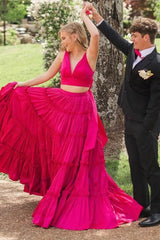 Dreamyannie Fuchsia Prom Dress V-Neck A-Line Long Evening Dress With Bow