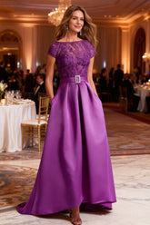 Dreamyannie Fuchsia Satin Bateau Neck Long Mother Of The Bride Dress With Belt