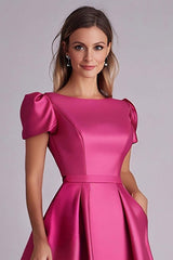 Dreamyannie Fuchsia Wedding Guest Dress A Line Satin Formal Dress With Puff Sleeves