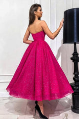 Dreamyannie Fuchsia Wedding Guest Dress A Line Sweetheart Strapless Sequined Evening Dress