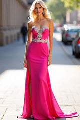 Dreamyannie Fuchsia Wedding Guest Dress Long Sheath Satin Appliqued Prom Dress With Slit