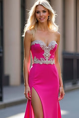 Dreamyannie Fuchsia Wedding Guest Dress Long Sheath Satin Appliqued Prom Dress With Slit