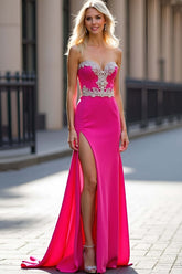 Dreamyannie Fuchsia Wedding Guest Dress Long Sheath Satin Appliqued Prom Dress With Slit