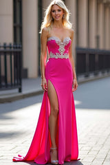 Dreamyannie Fuchsia Wedding Guest Dress Long Sheath Satin Appliqued Prom Dress With Slit