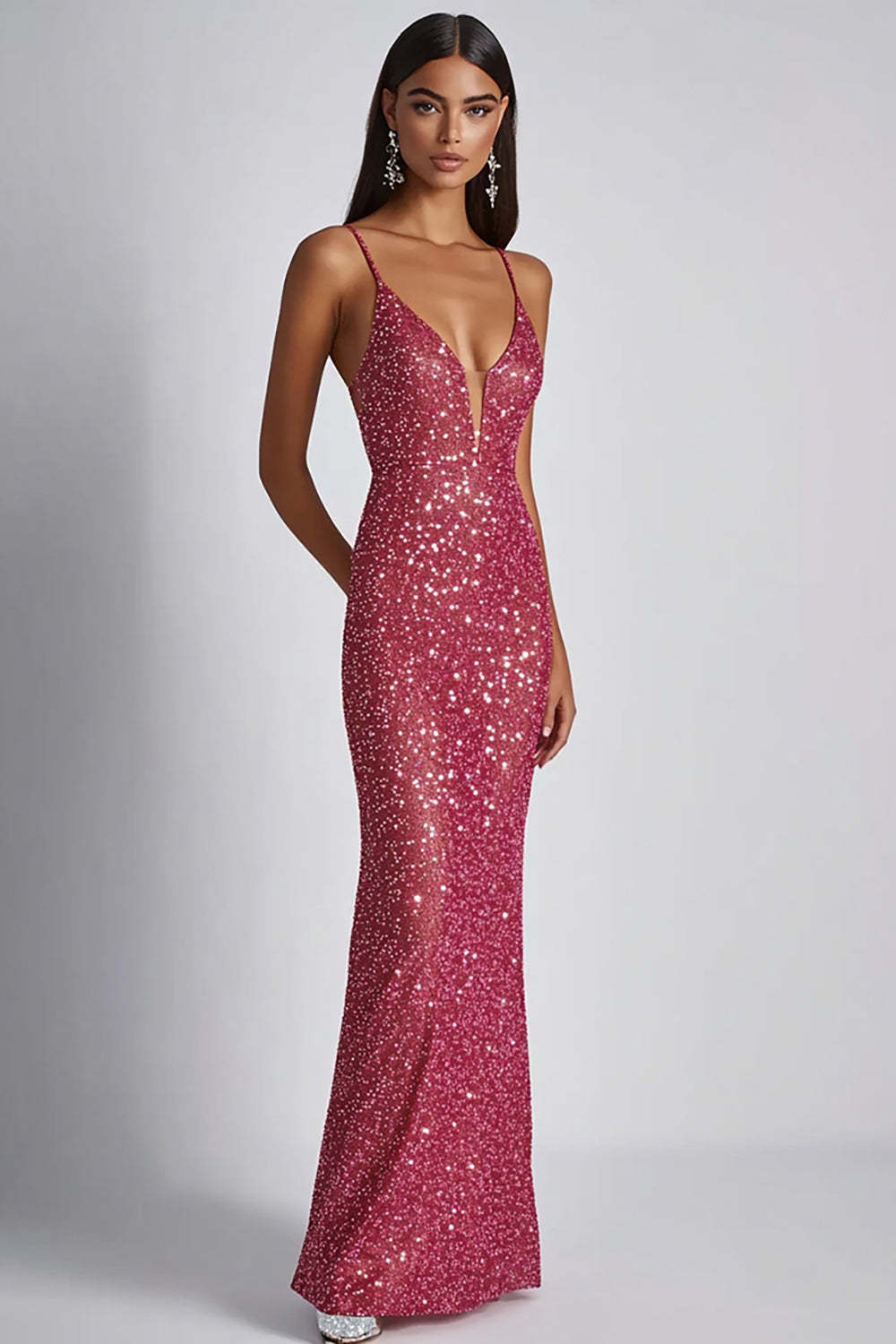 Dreamyannie Fuchsia Wedding Guest Dress Sheath Spaghetti Straps Long Formal Dress