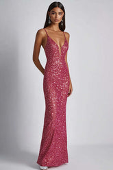 Dreamyannie Fuchsia Wedding Guest Dress Sheath Spaghetti Straps Long Formal Dress