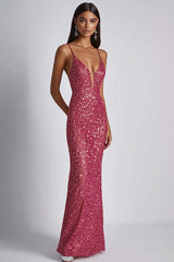 Dreamyannie Fuchsia Wedding Guest Dress Sheath Spaghetti Straps Long Formal Dress